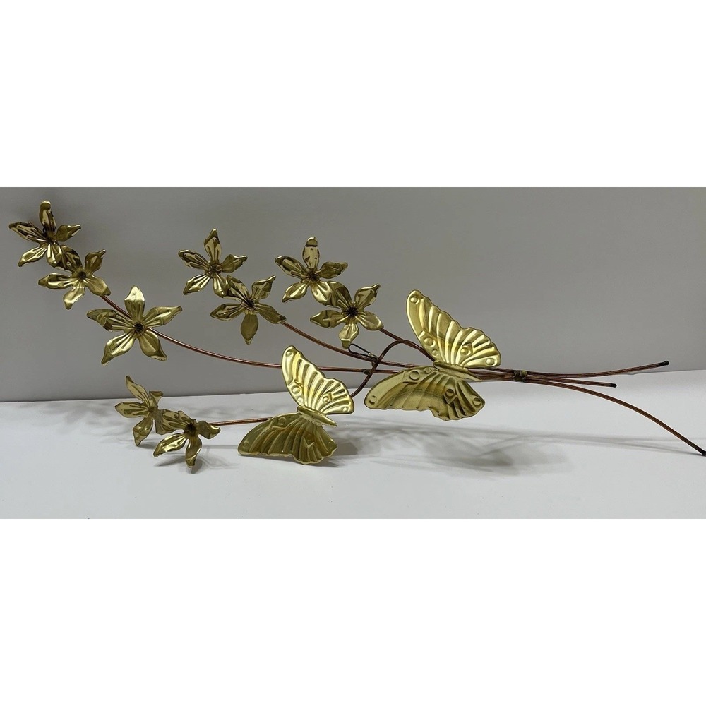 Vintage MCM Brass Wall Decor Butterflies Flowers Copper Toned Branches 25x9"